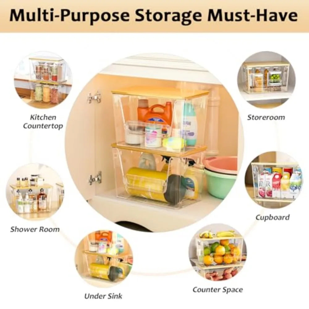 2 Set Pantry Organizers and Storage, Trash Bag Holder Under Sink Organizer for 4-13 Gal Bags, Trash Bag Dispenser with Bamboo Top for Onion, Potato, Garlic, Clear (11-7/32"L*7" W*7-1/8"H)