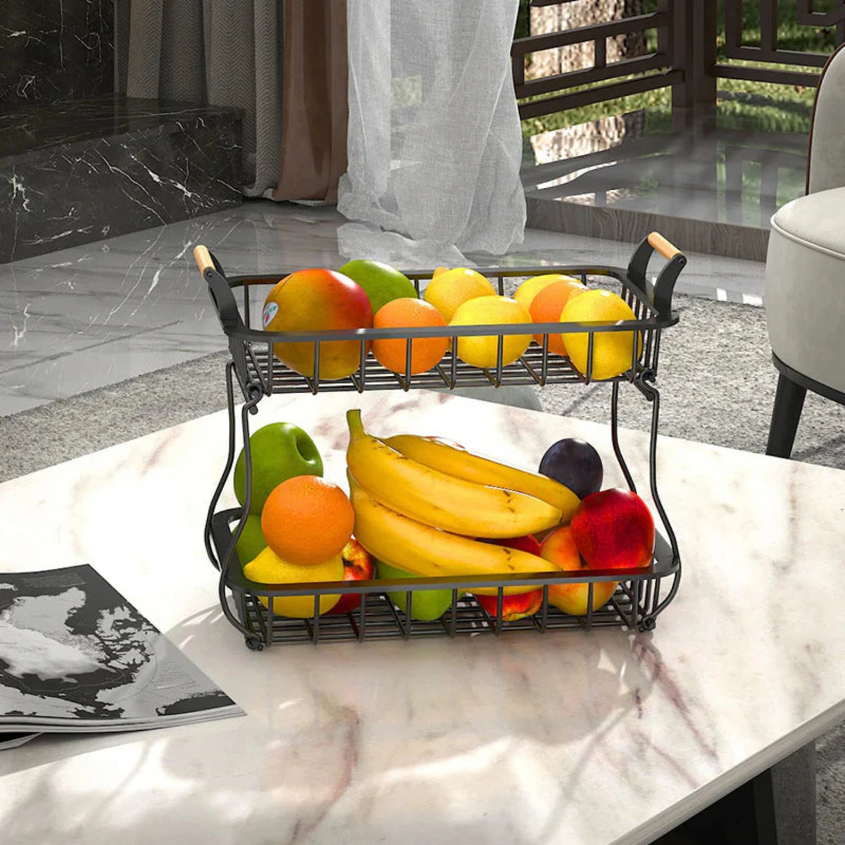 Adivo 2-Tier Stackable Iron Fruit Basket, Countertop Produce Organizer, Round 28cm or Rectangular 35cm