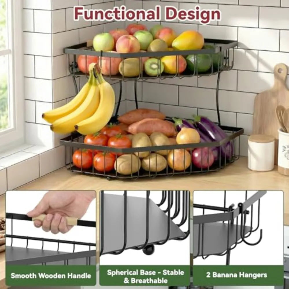 2 Tier Fruit Basket for Kitchen Counter with Banana Hangers Corner Storage Organizer for Vegetables And Snacks