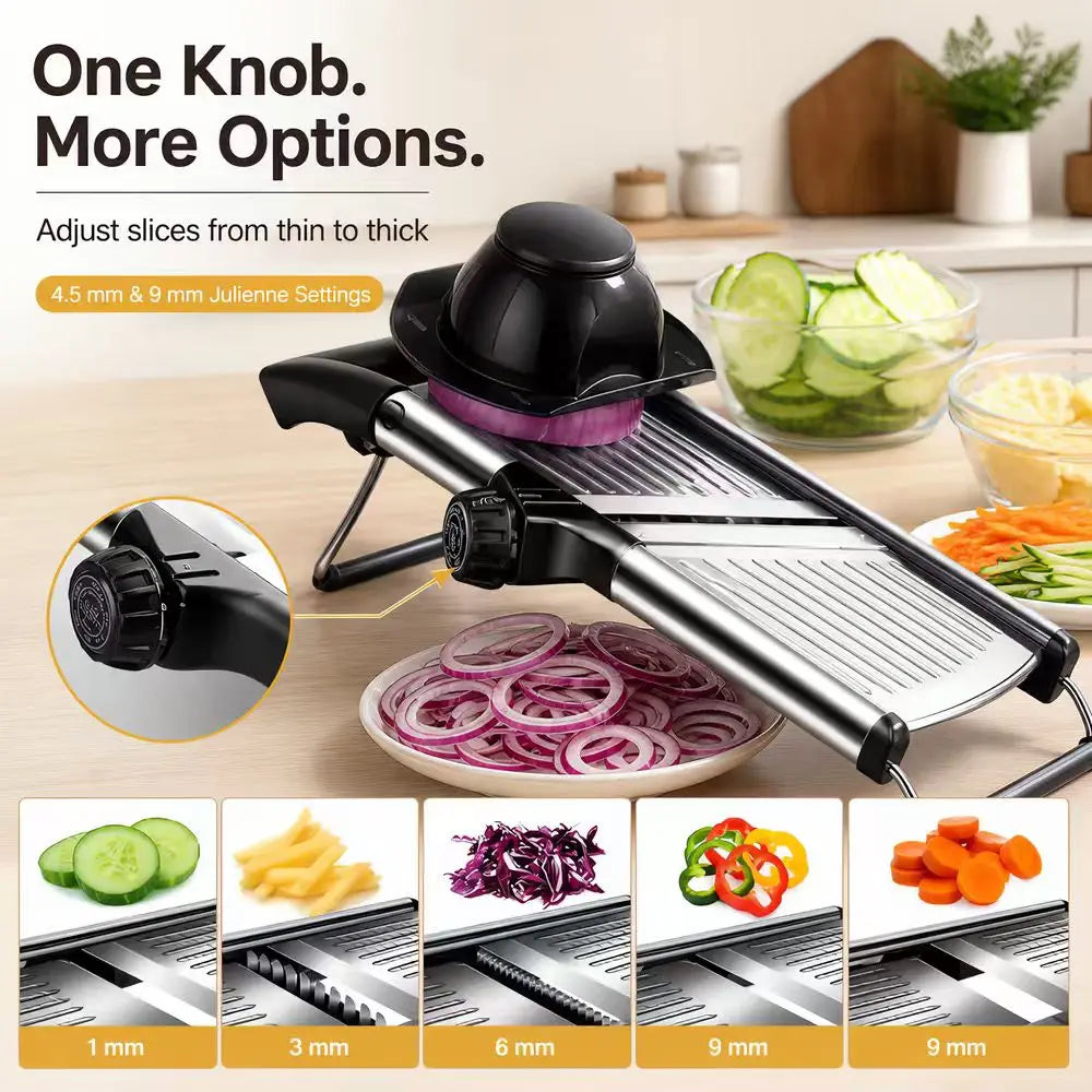 Adjustable Mandoline Slicer for Kitchen Stainless‑Steel Vegetable Slicer Julienne Cutter Food Chopper with Cut‑Resistant Gloves & Cleaning Brush Potato Fruit Slicing Tool