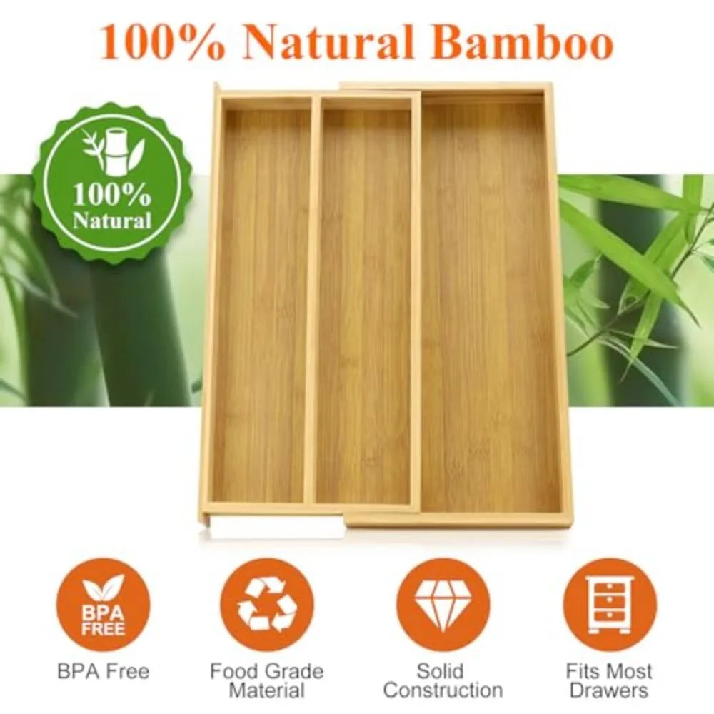 Large Expandable Bamboo Kitchen Utensil Drawer Organizer Silverware Tray - Eco-Friendly Kitchen Storage Solution