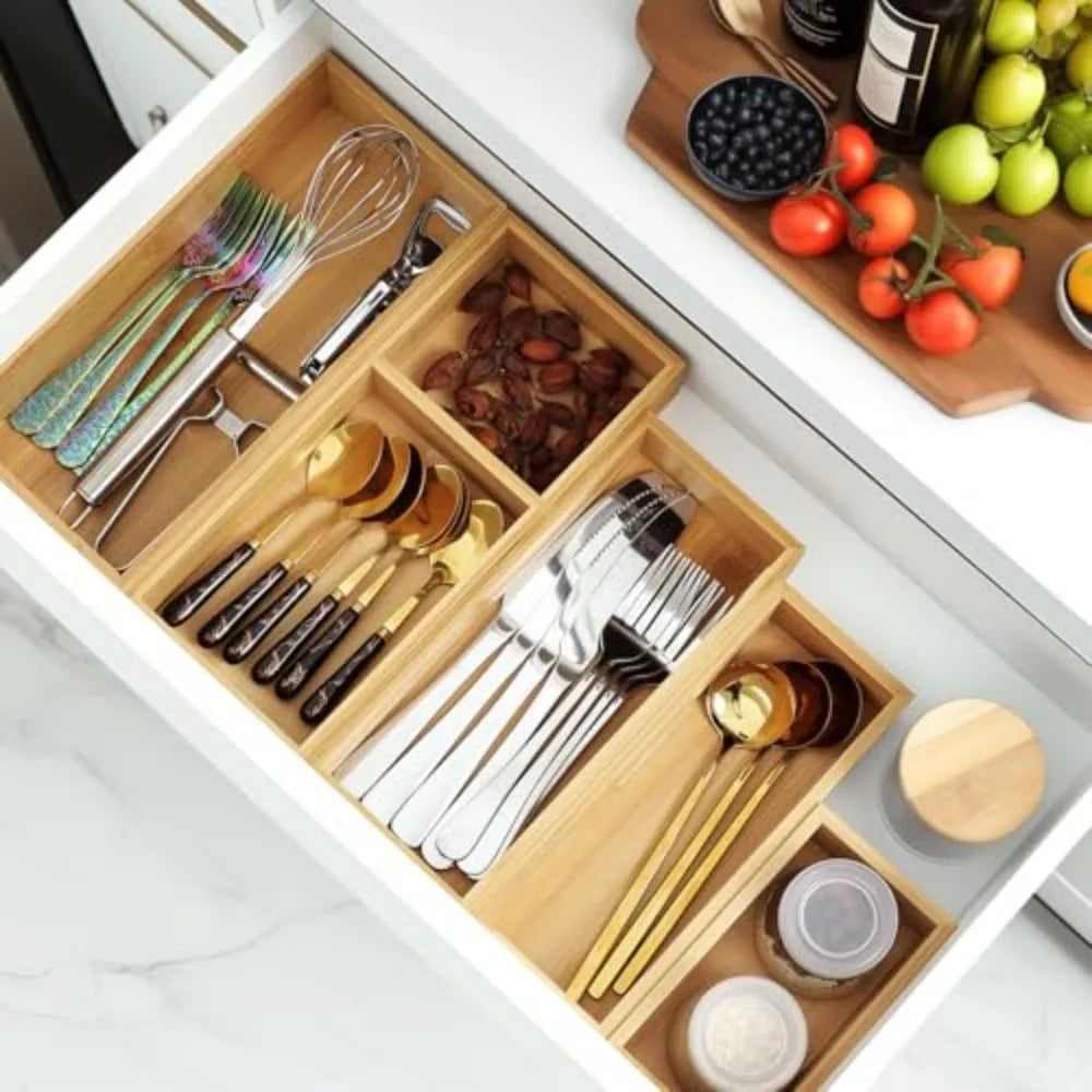 Set of 3 Bamboo Drawer Organizers Individual Wood Storage Dividers for Kitchen Office Desk