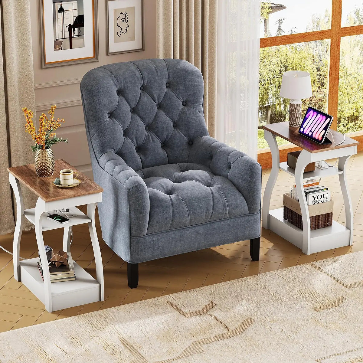 Living Room End Tables With Charging Station And Storage Shelf