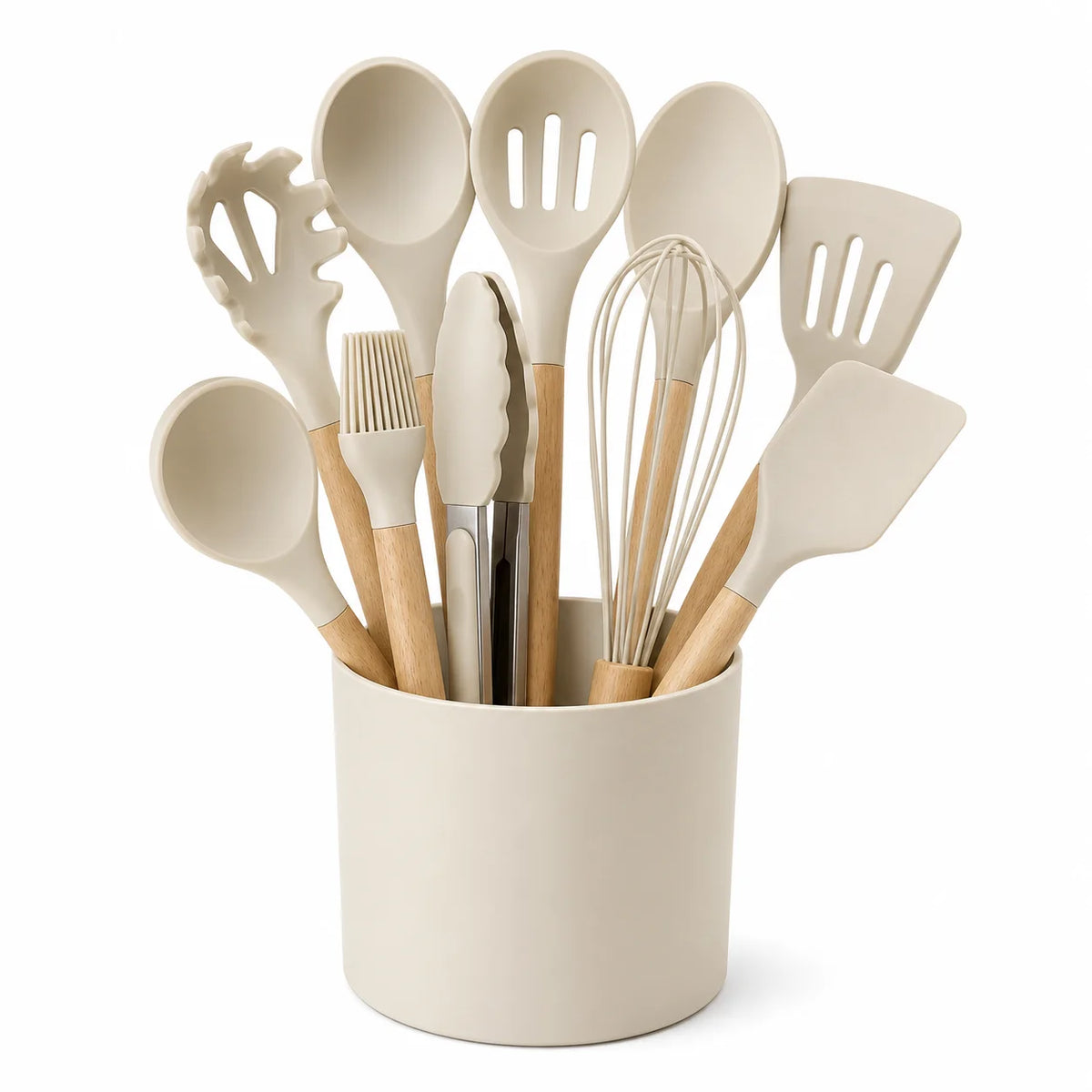 12PCS Silicone Kitchen Utensils Set with Holder - Nonstick Heat Resistant Wooden Handle Cooking Gadgets Set with Spatula, Whisk, Tongs & Spoon for Home Essentials