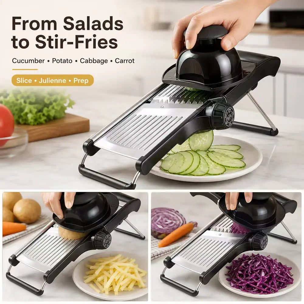 Adjustable Mandoline Slicer for Kitchen Stainless‑Steel Vegetable Slicer Julienne Cutter Food Chopper with Cut‑Resistant Gloves & Cleaning Brush Potato Fruit Slicing Tool