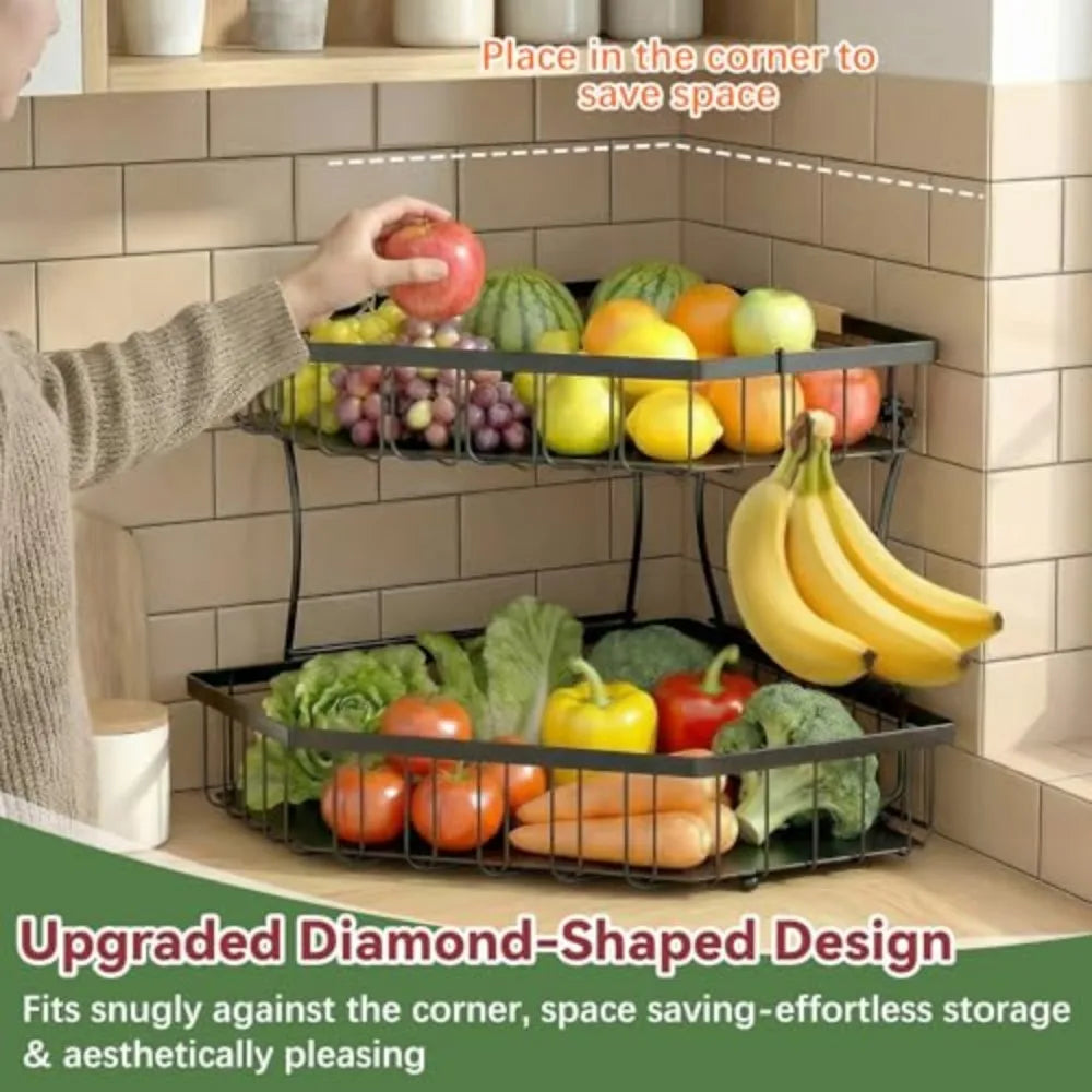 2 Tier Fruit Basket for Kitchen Counter with Banana Hangers Corner Storage Organizer for Vegetables And Snacks