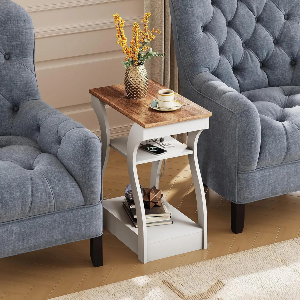Living Room End Tables With Charging Station And Storage Shelf