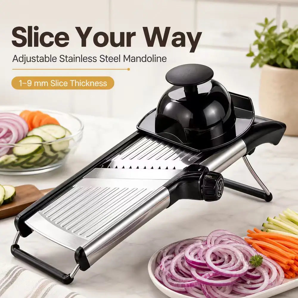 Adjustable Mandoline Slicer for Kitchen Stainless‑Steel Vegetable Slicer Julienne Cutter Food Chopper with Cut‑Resistant Gloves & Cleaning Brush Potato Fruit Slicing Tool