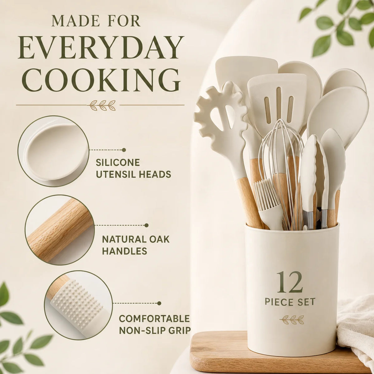 12PCS Silicone Kitchen Utensils Set with Holder - Nonstick Heat Resistant Wooden Handle Cooking Gadgets Set with Spatula, Whisk, Tongs & Spoon for Home Essentials