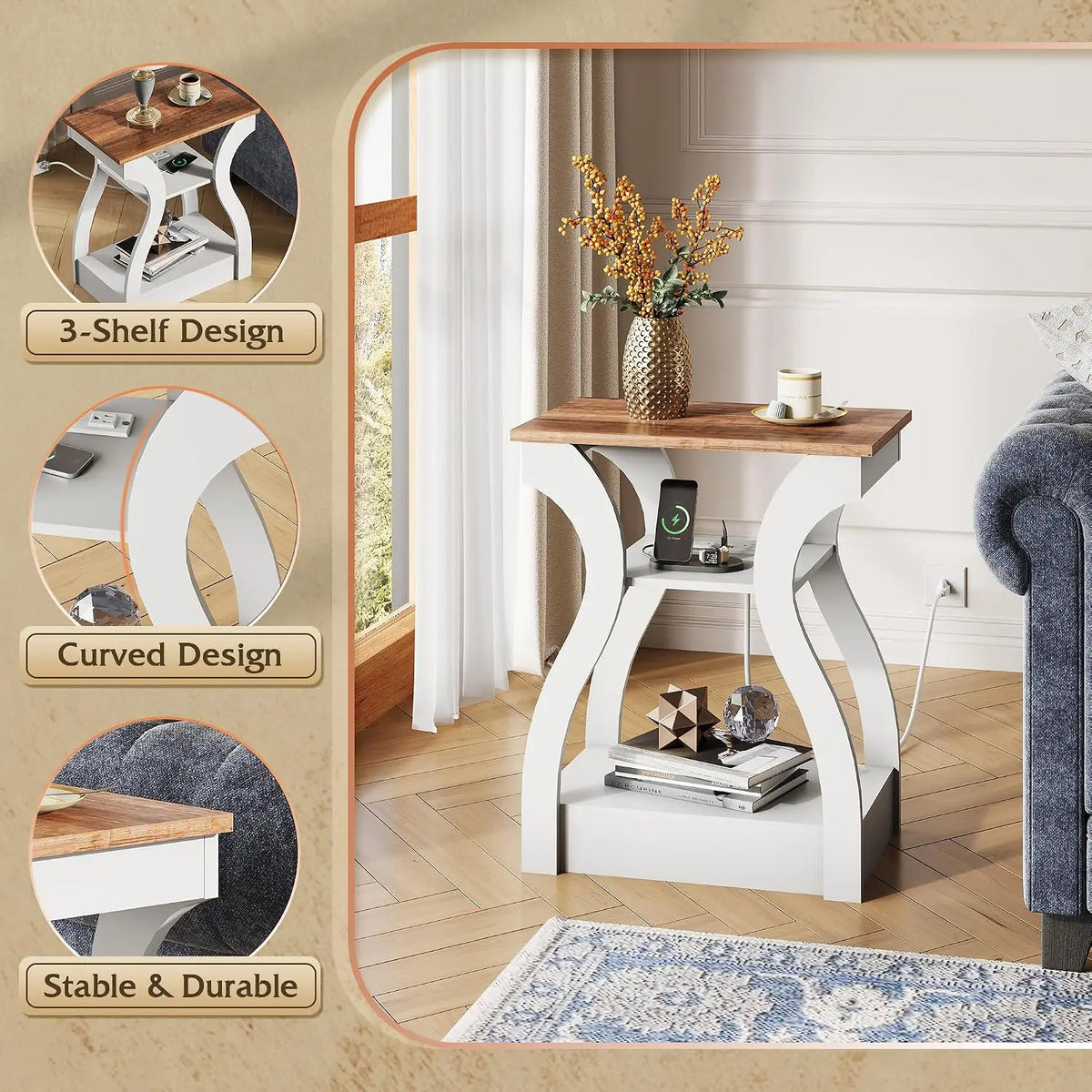 Living Room End Tables With Charging Station And Storage Shelf