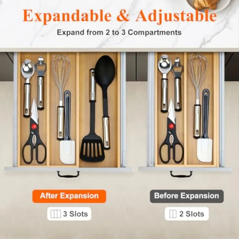 Large Expandable Bamboo Kitchen Utensil Drawer Organizer Silverware Tray - Eco-Friendly Kitchen Storage Solution