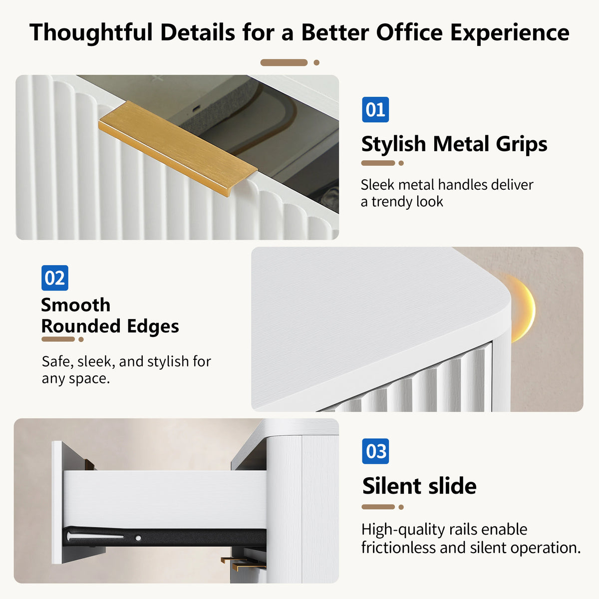 Fluted Office File Cabinet with Charging Station Mixed Drawers & Doors Storage Cabinet with Adjustable Shelves for Home Office