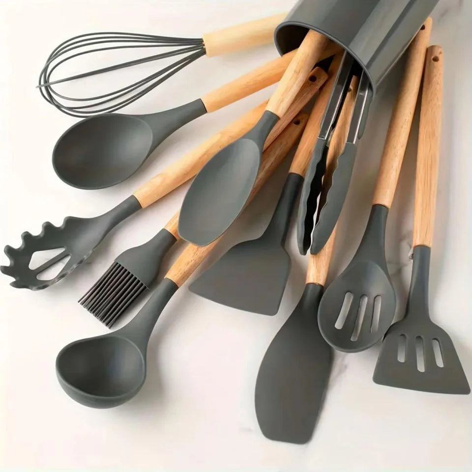 12PCS Silicone Kitchen Utensils Set with Holder - Nonstick Heat Resistant Wooden Handle Cooking Gadgets Set with Spatula, Whisk, Tongs & Spoon for Home Essentials