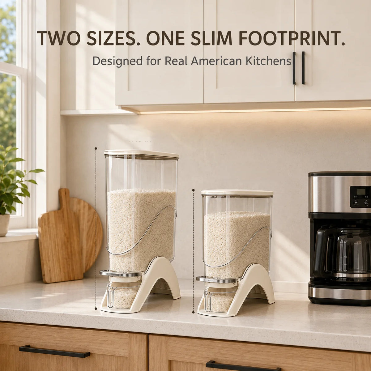 Milky white, slim, vertical rice container, available in 12 lb and 22 lb sizes, one-touch press automatic food storage container, comes with a measuring cup, perfect for storing dry goods in small spaces, great for rice, bean