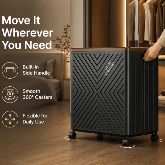 Stackable dustproof storage box with a lid, built-in side handles and 360° silent swivel wheels, embossed geometric pattern, large-capacity wheeled organizer box, suitable for bedroom clothes, blankets, books, and apartment