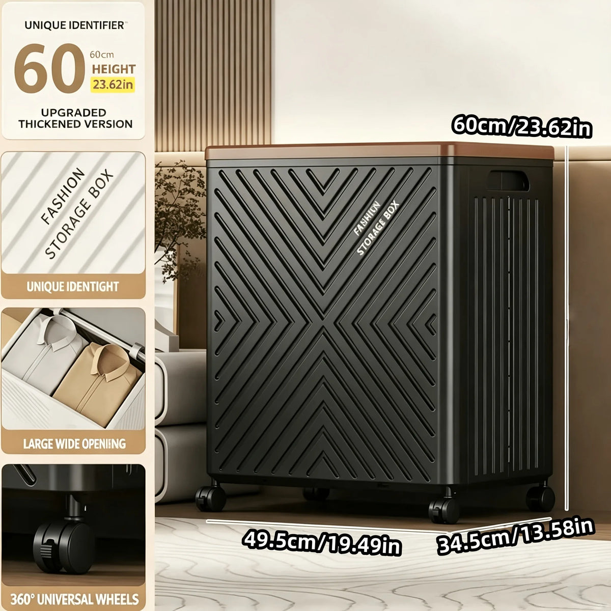 Stackable dustproof storage box with a lid, built-in side handles and 360° silent swivel wheels, embossed geometric pattern, large-capacity wheeled organizer box, suitable for bedroom clothes, blankets, books, and apartment