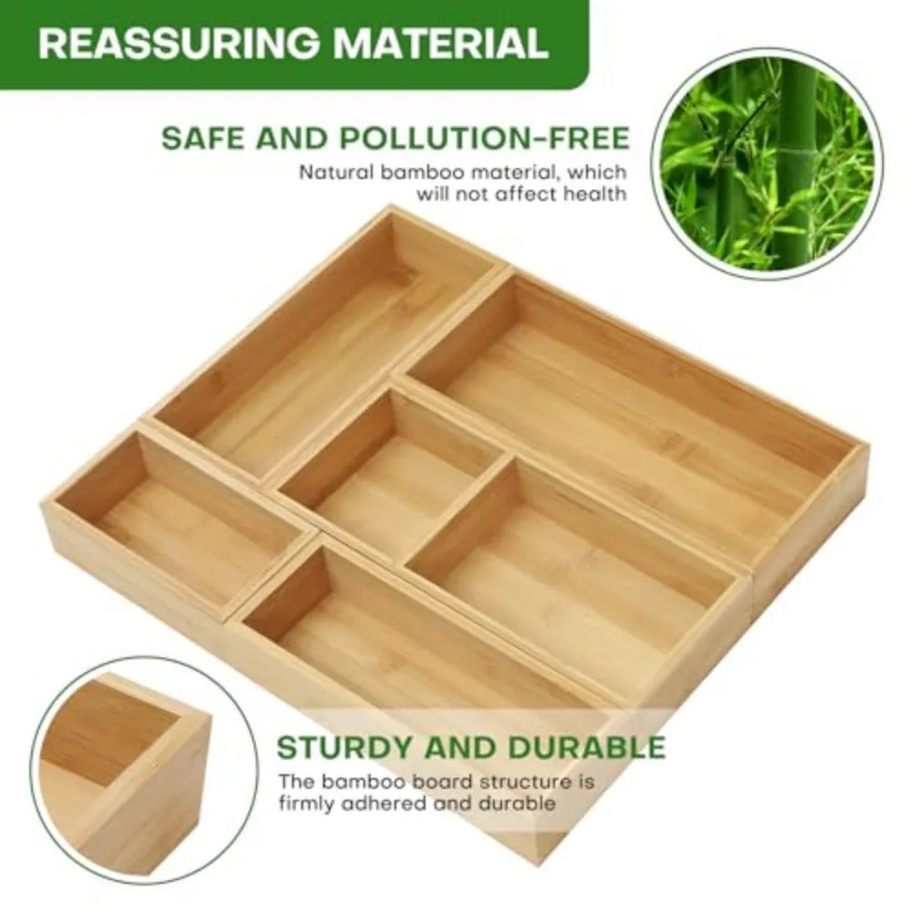 Set of 3 Bamboo Drawer Organizers Individual Wood Storage Dividers for Kitchen Office Desk