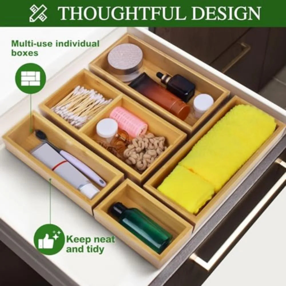 Set of 3 Bamboo Drawer Organizers Individual Wood Storage Dividers for Kitchen Office Desk
