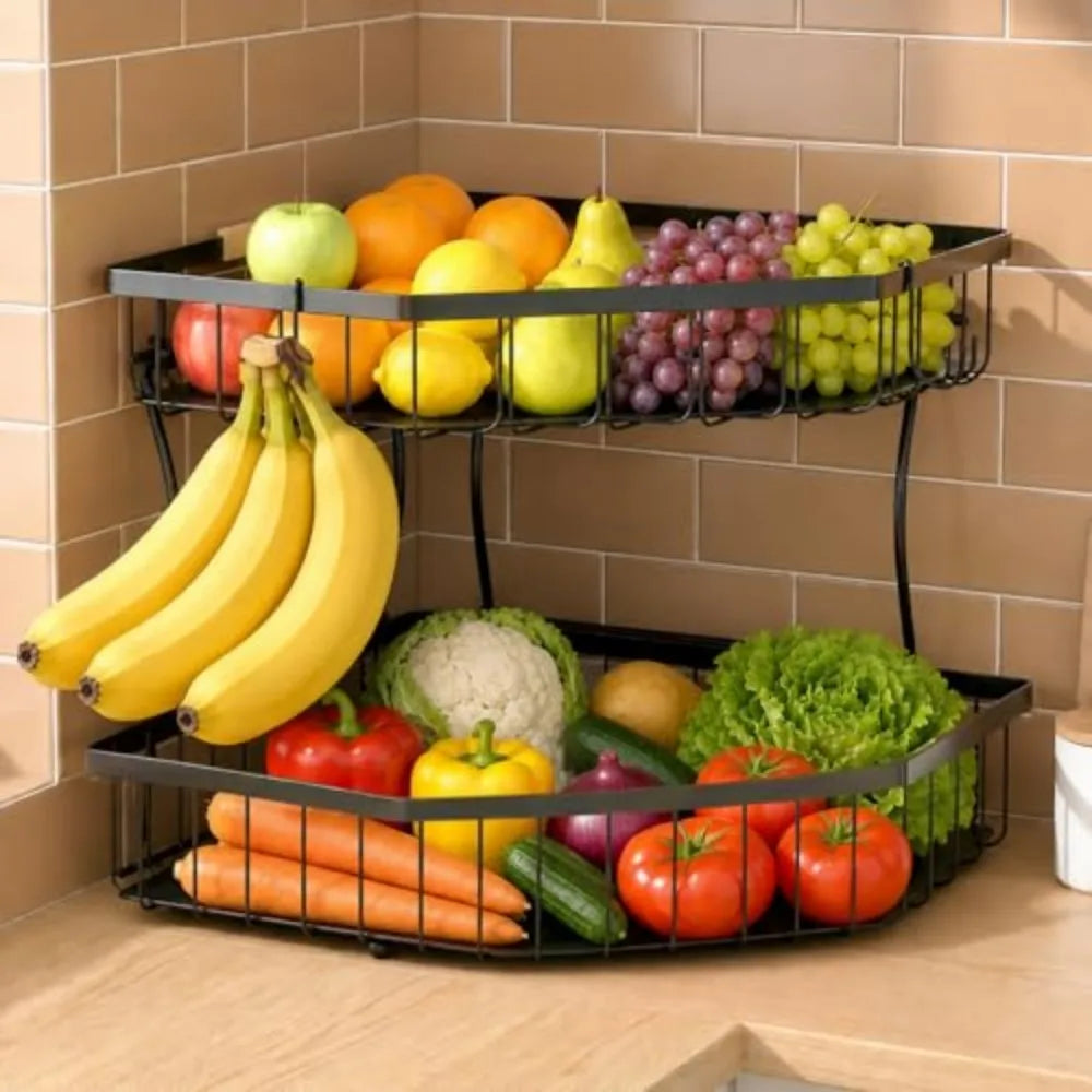 2 Tier Fruit Basket for Kitchen Counter with Banana Hangers Corner Storage Organizer for Vegetables And Snacks