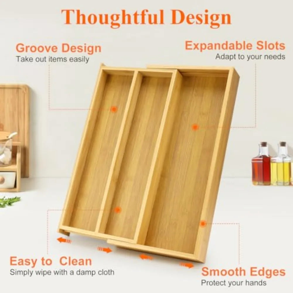 Large Expandable Bamboo Kitchen Utensil Drawer Organizer Silverware Tray - Eco-Friendly Kitchen Storage Solution