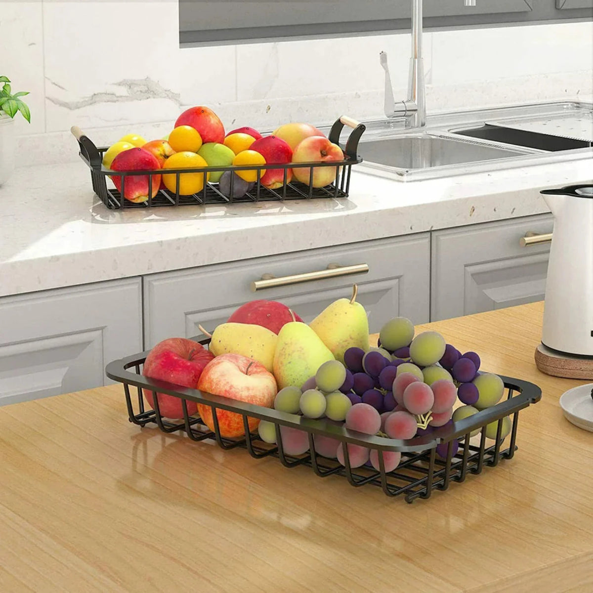Adivo 2-Tier Stackable Iron Fruit Basket, Countertop Produce Organizer, Round 28cm or Rectangular 35cm