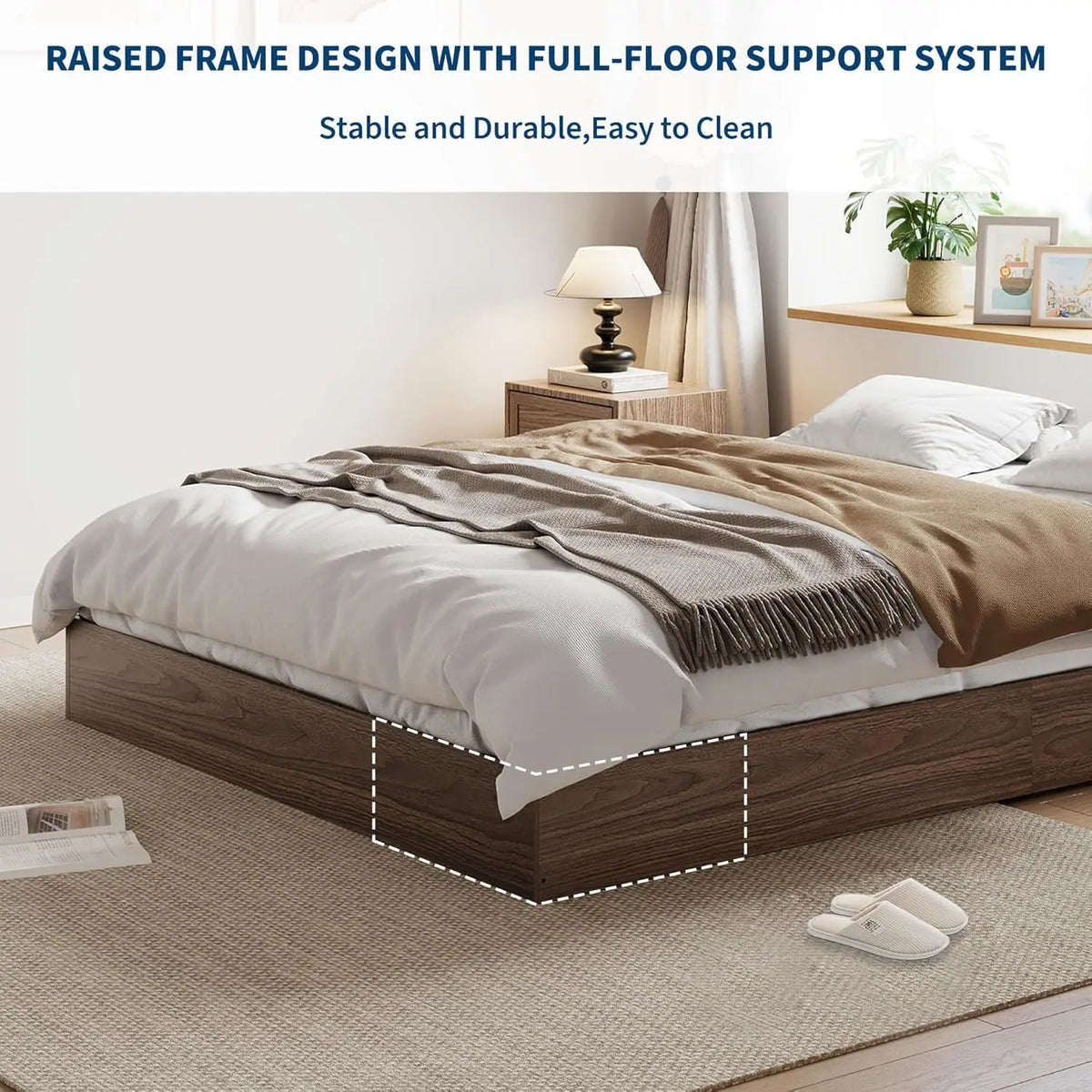Queen Bed Frame, Wooden Platform Bed with Sturdy Slats, Modern Minimalist Design, No Box Spring Needed, Noise-Free Design, Easy Assembly, Walnut Wood