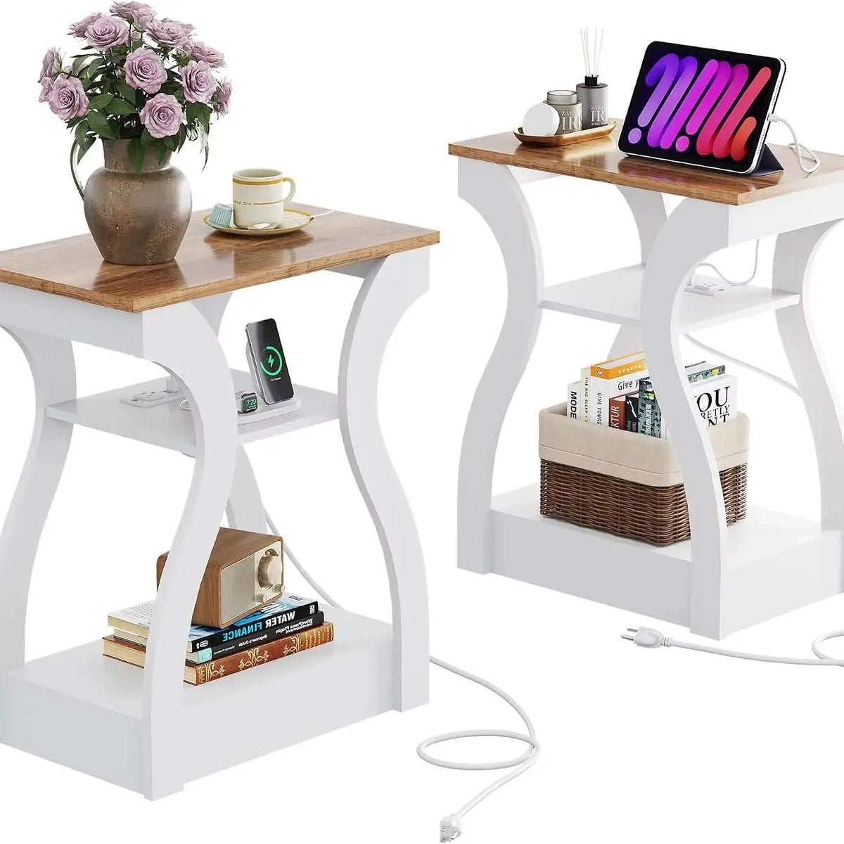 Living Room End Tables With Charging Station And Storage Shelf
