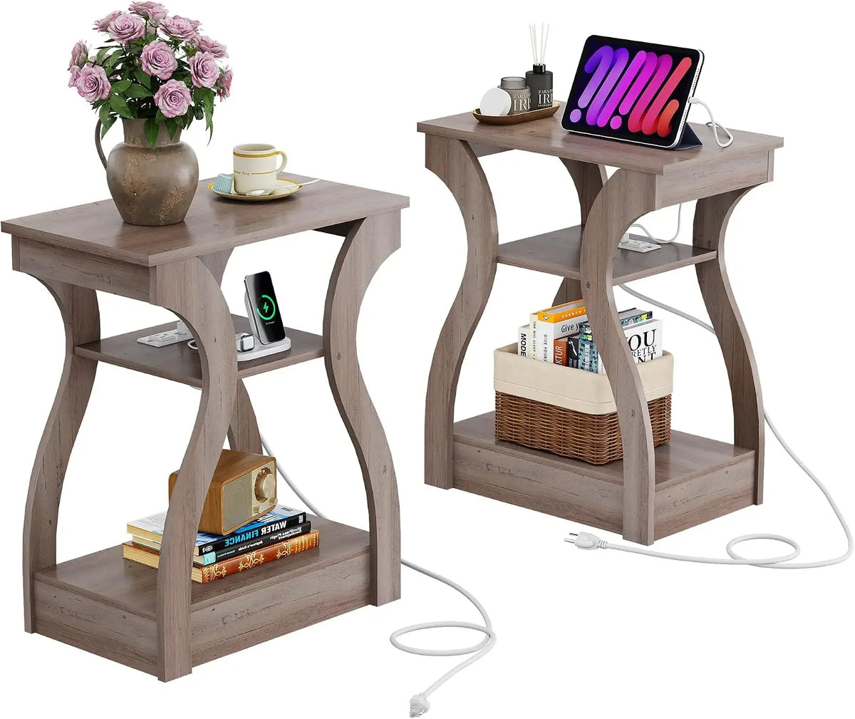 Living Room End Tables With Charging Station And Storage Shelf