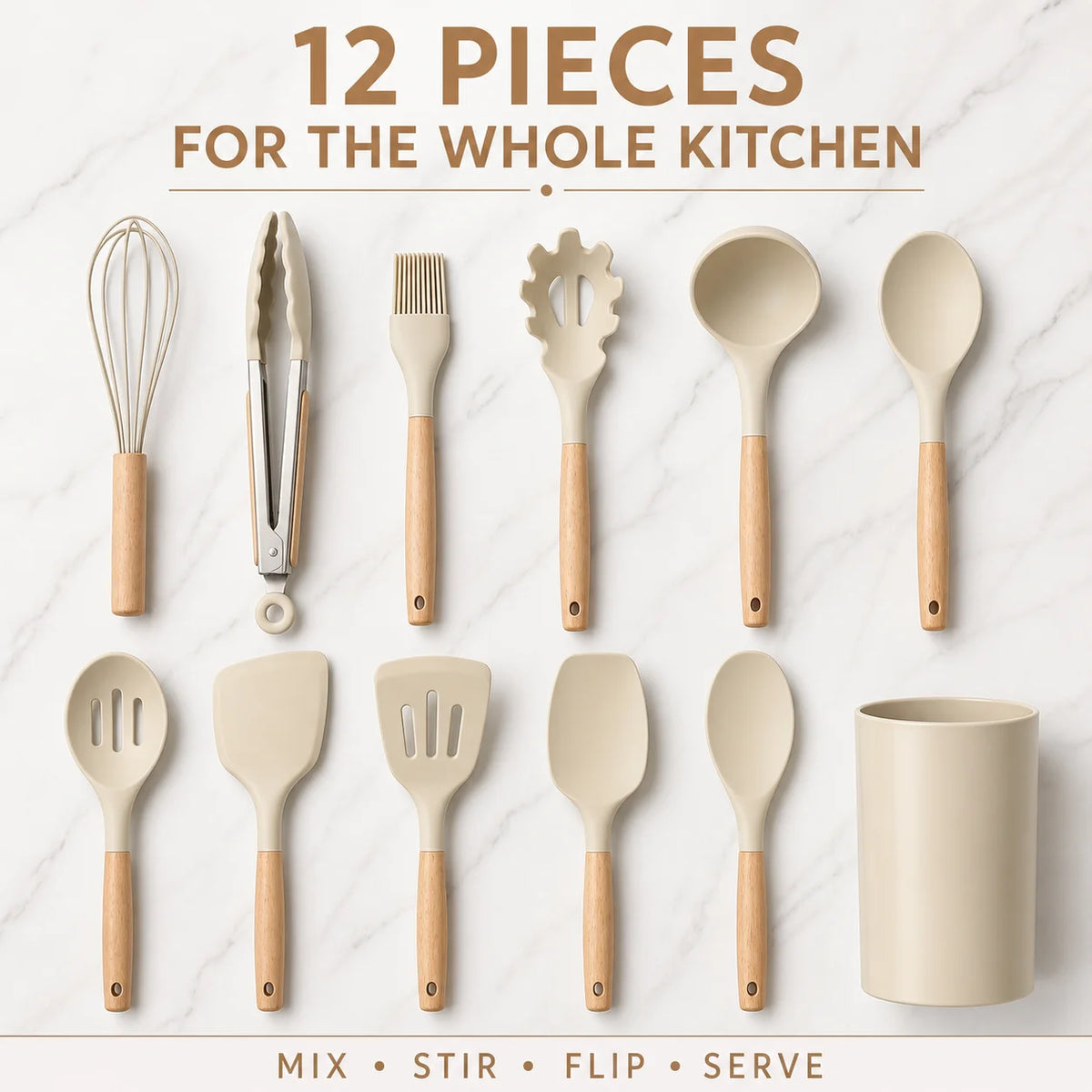 12PCS Silicone Kitchen Utensils Set with Holder - Nonstick Heat Resistant Wooden Handle Cooking Gadgets Set with Spatula, Whisk, Tongs & Spoon for Home Essentials
