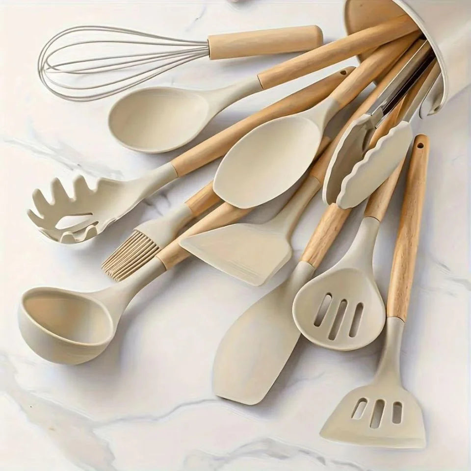 12PCS Silicone Kitchen Utensils Set with Holder - Nonstick Heat Resistant Wooden Handle Cooking Gadgets Set with Spatula, Whisk, Tongs & Spoon for Home Essentials