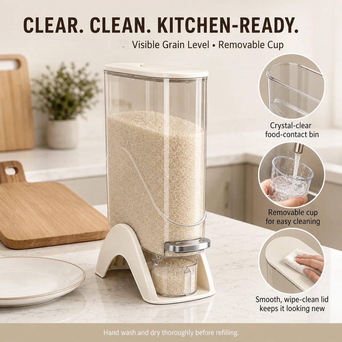 Milky white, slim, vertical rice container, available in 12 lb and 22 lb sizes, one-touch press automatic food storage container, comes with a measuring cup, perfect for storing dry goods in small spaces, great for rice, bean