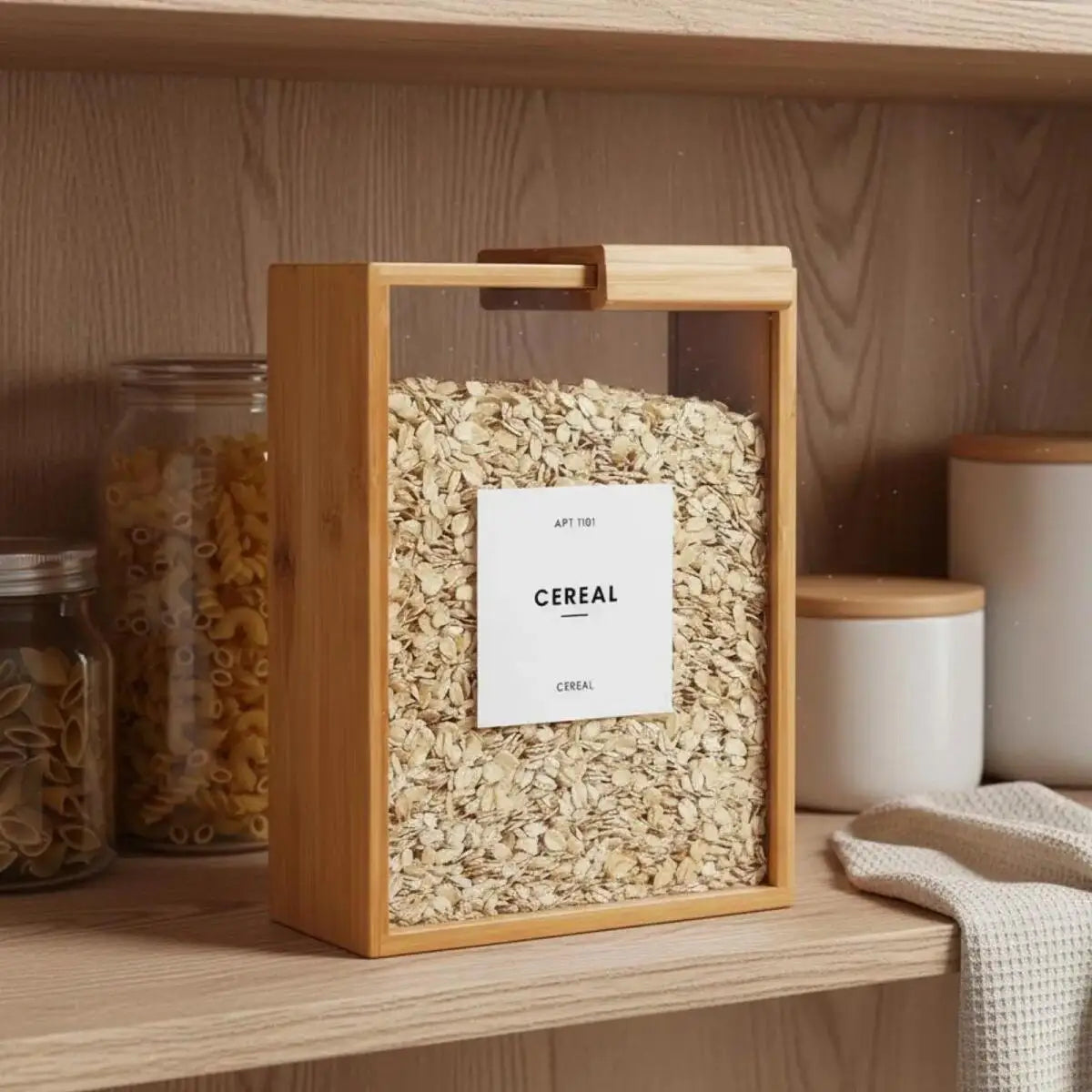 Rice Storage Container Bamboo Food Dispenser for Pantry Organization Kitchen Storage for Cereal Pasta Flour with Sealed Clear Acrylic Lid Transparent Sliding Lid Easy Access