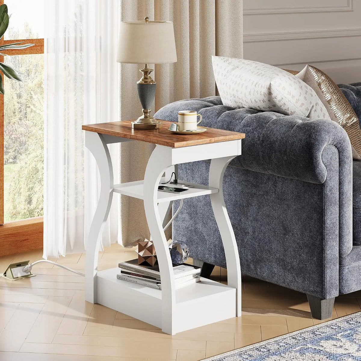 Living Room End Tables With Charging Station And Storage Shelf