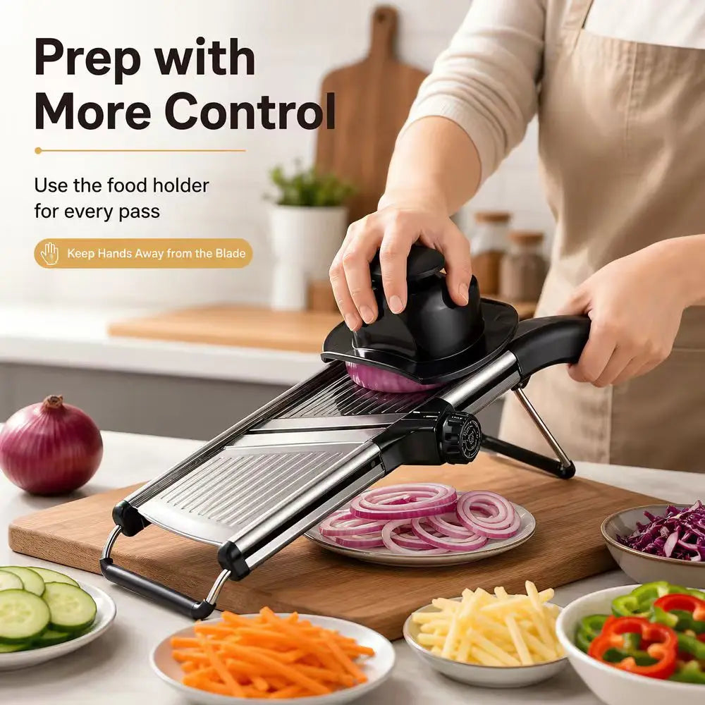 Adjustable Mandoline Slicer for Kitchen Stainless‑Steel Vegetable Slicer Julienne Cutter Food Chopper with Cut‑Resistant Gloves & Cleaning Brush Potato Fruit Slicing Tool