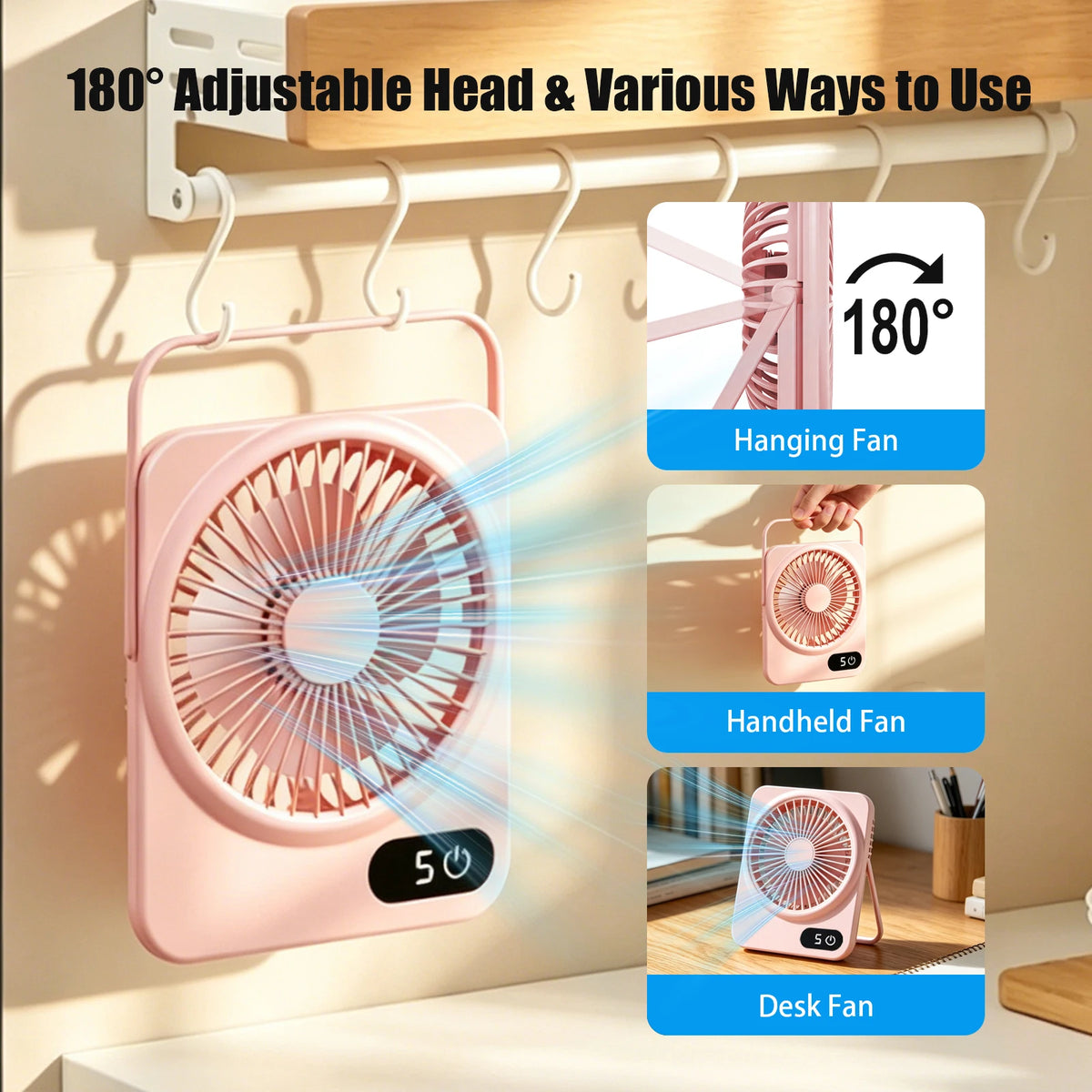 USB Rechargeable Portable Desk Fan, Mini Personal Table Fan with Phone Stand, 5-Speed Adjustable Wind, 180° Foldable Fan for Desktop, Bedroom, Office, Dorm, Camping, Travel & Outdoor Use, Compact Quiet Cooling Fan