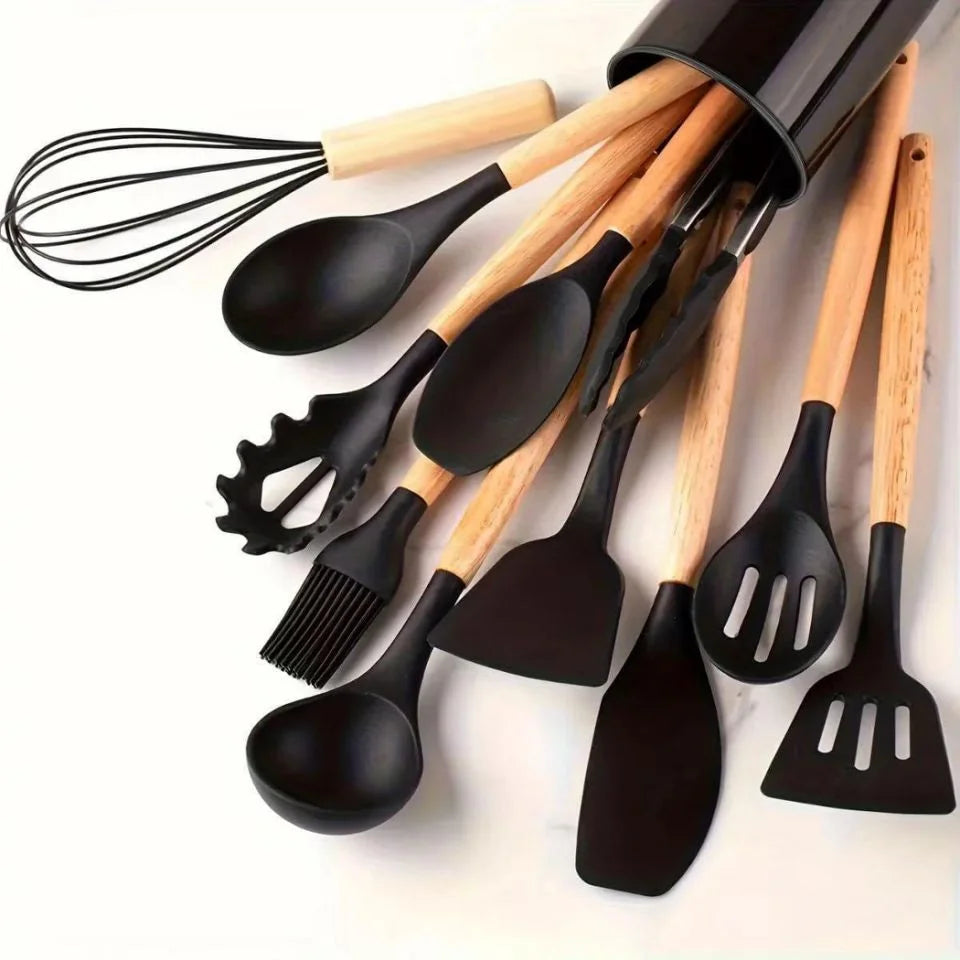 12PCS Silicone Kitchen Utensils Set with Holder - Nonstick Heat Resistant Wooden Handle Cooking Gadgets Set with Spatula, Whisk, Tongs & Spoon for Home Essentials