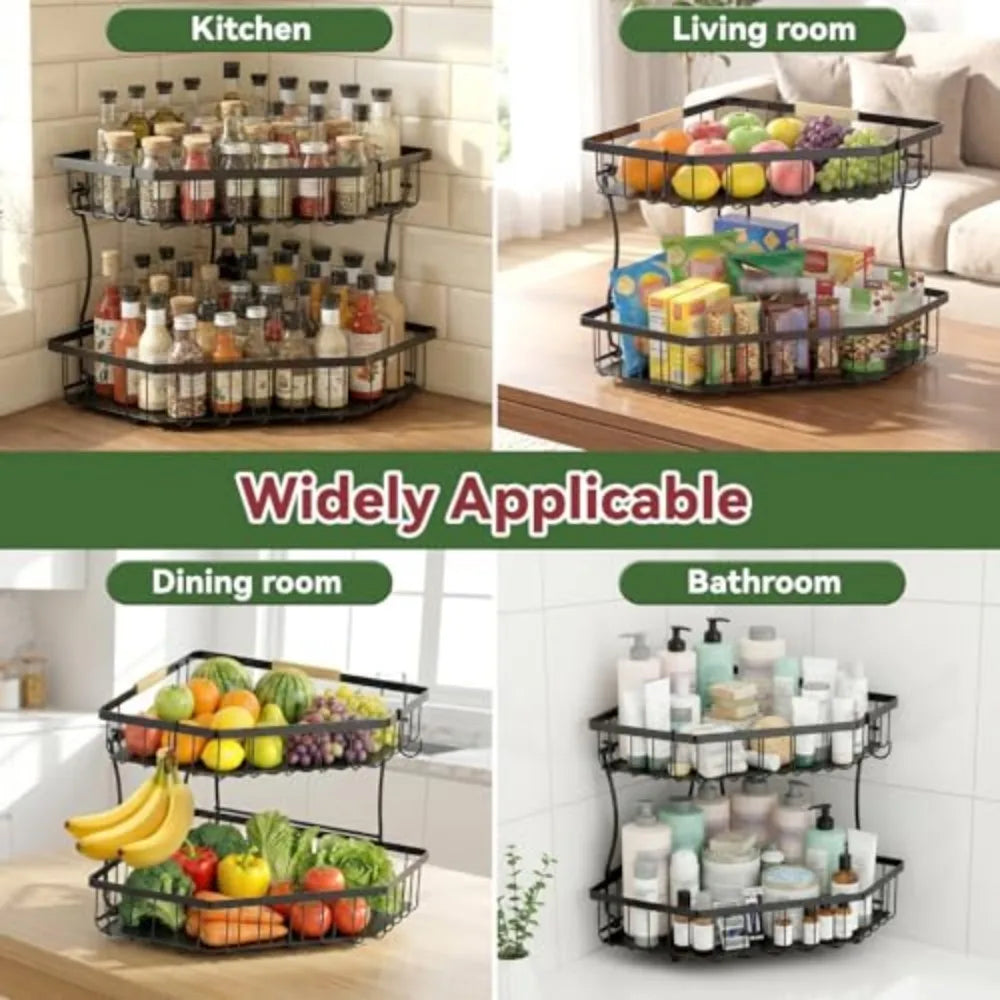 2 Tier Fruit Basket for Kitchen Counter with Banana Hangers Corner Storage Organizer for Vegetables And Snacks