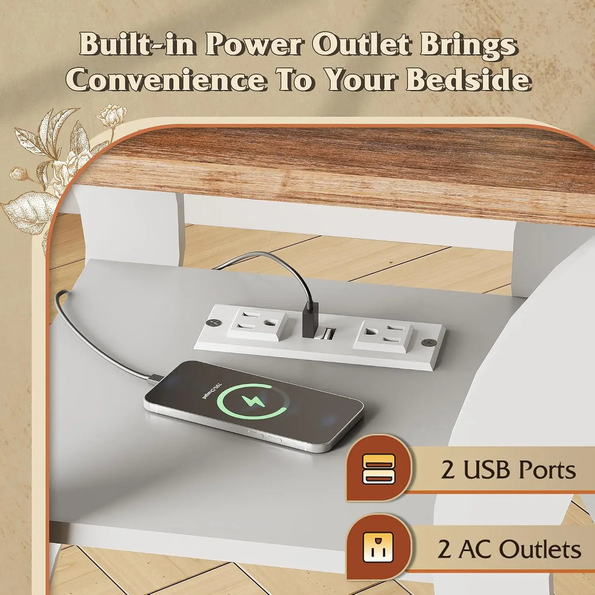 Living Room End Tables With Charging Station And Storage Shelf