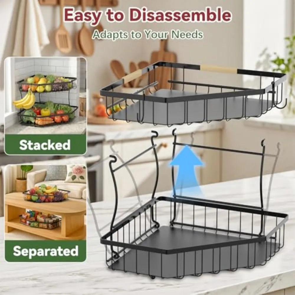 2 Tier Fruit Basket for Kitchen Counter with Banana Hangers Corner Storage Organizer for Vegetables And Snacks