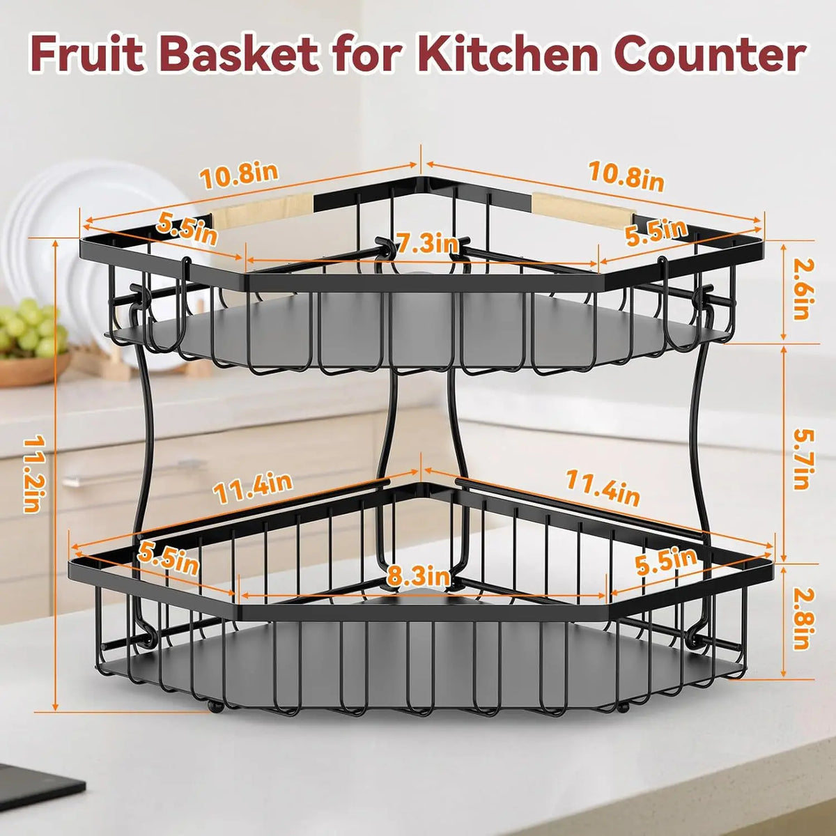 2 Tier Fruit Basket for Kitchen Counter with Banana Hangers Corner Storage Organizer for Vegetables And Snacks