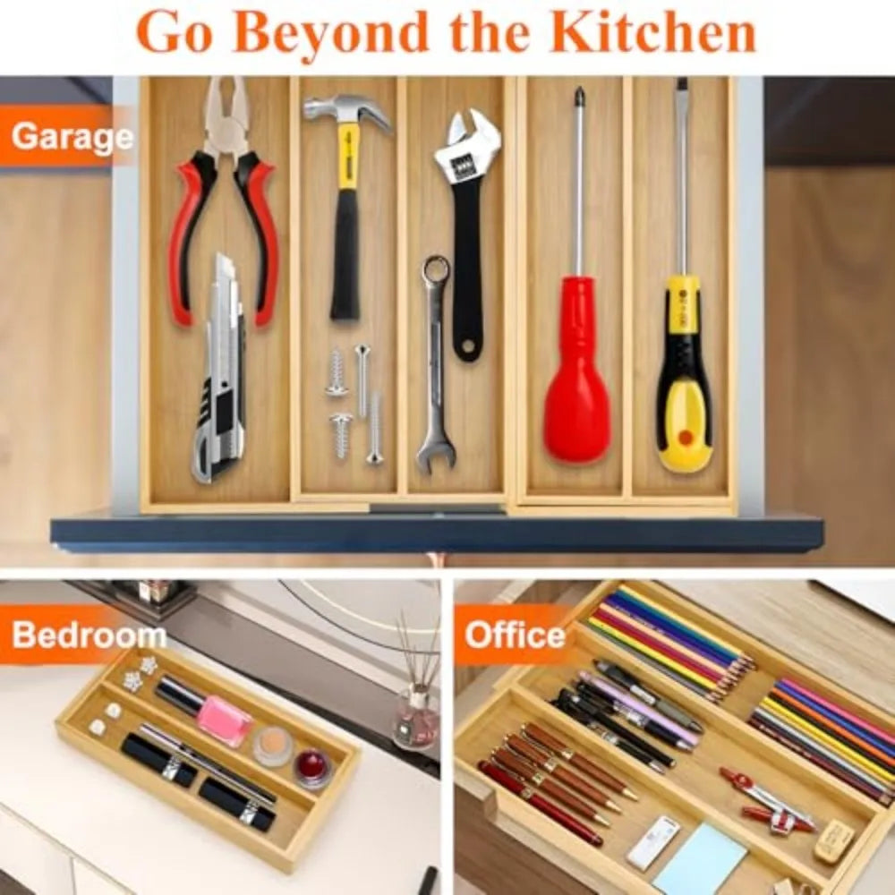 Large Expandable Bamboo Kitchen Utensil Drawer Organizer Silverware Tray - Eco-Friendly Kitchen Storage Solution