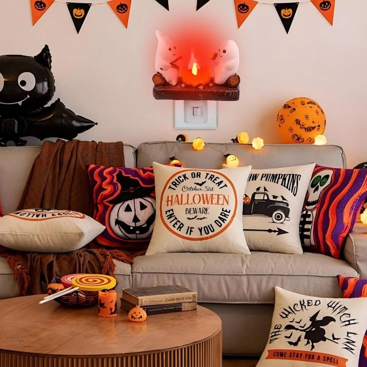 2PCS Ghost Campfire Flickering Night Light, Halloween Indoor Figurine Lamps