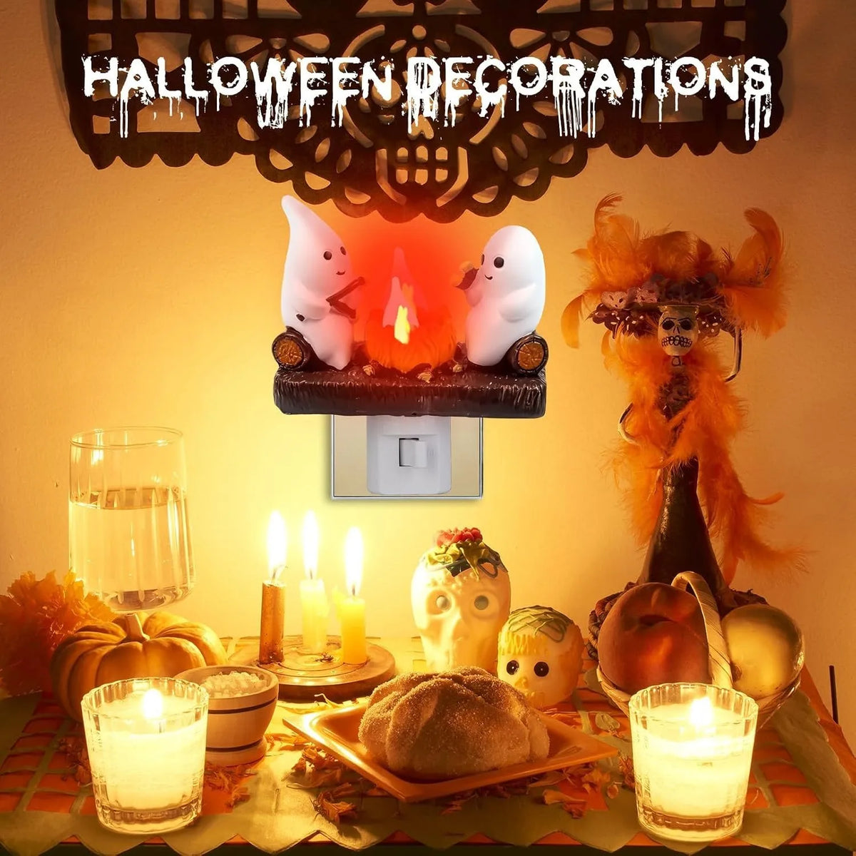 2PCS Ghost Campfire Flickering Night Light, Halloween Indoor Figurine Lamps