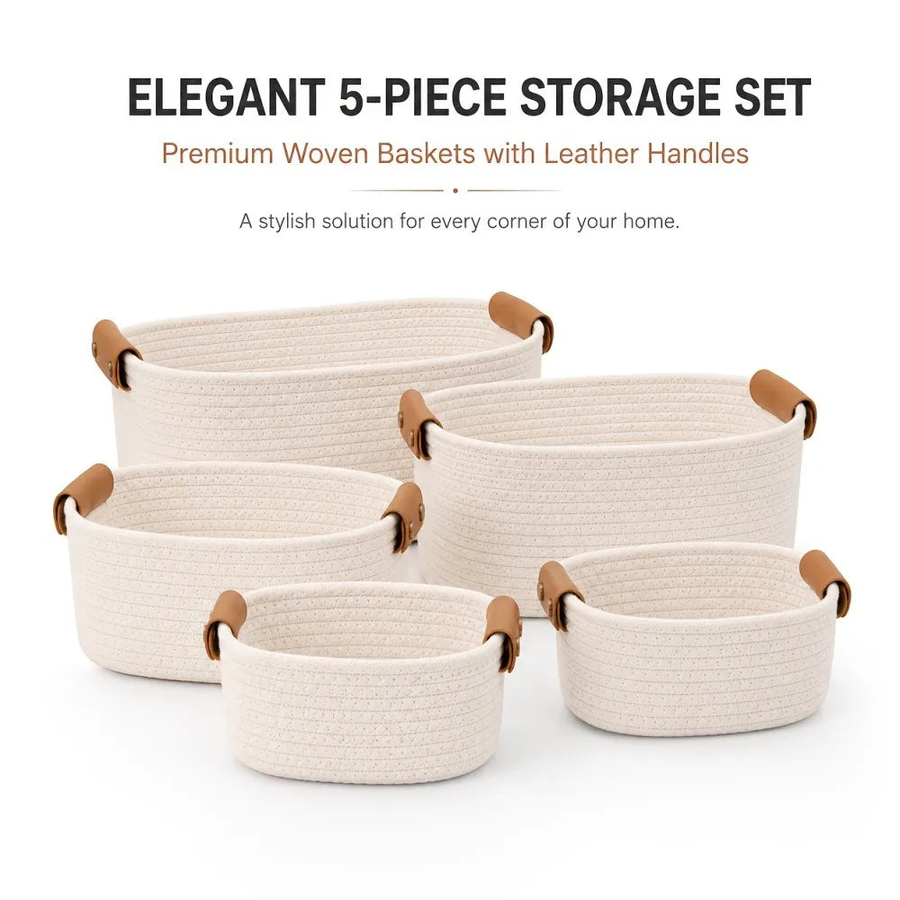 Beautiful Storage Basket Set Of 5 - Sturdy Rope Baskets for Shelves Are Perfect for Organizing Your Home - Quality Storage Bins Easily Fit with Bedroom Decor, Shelf Baskets