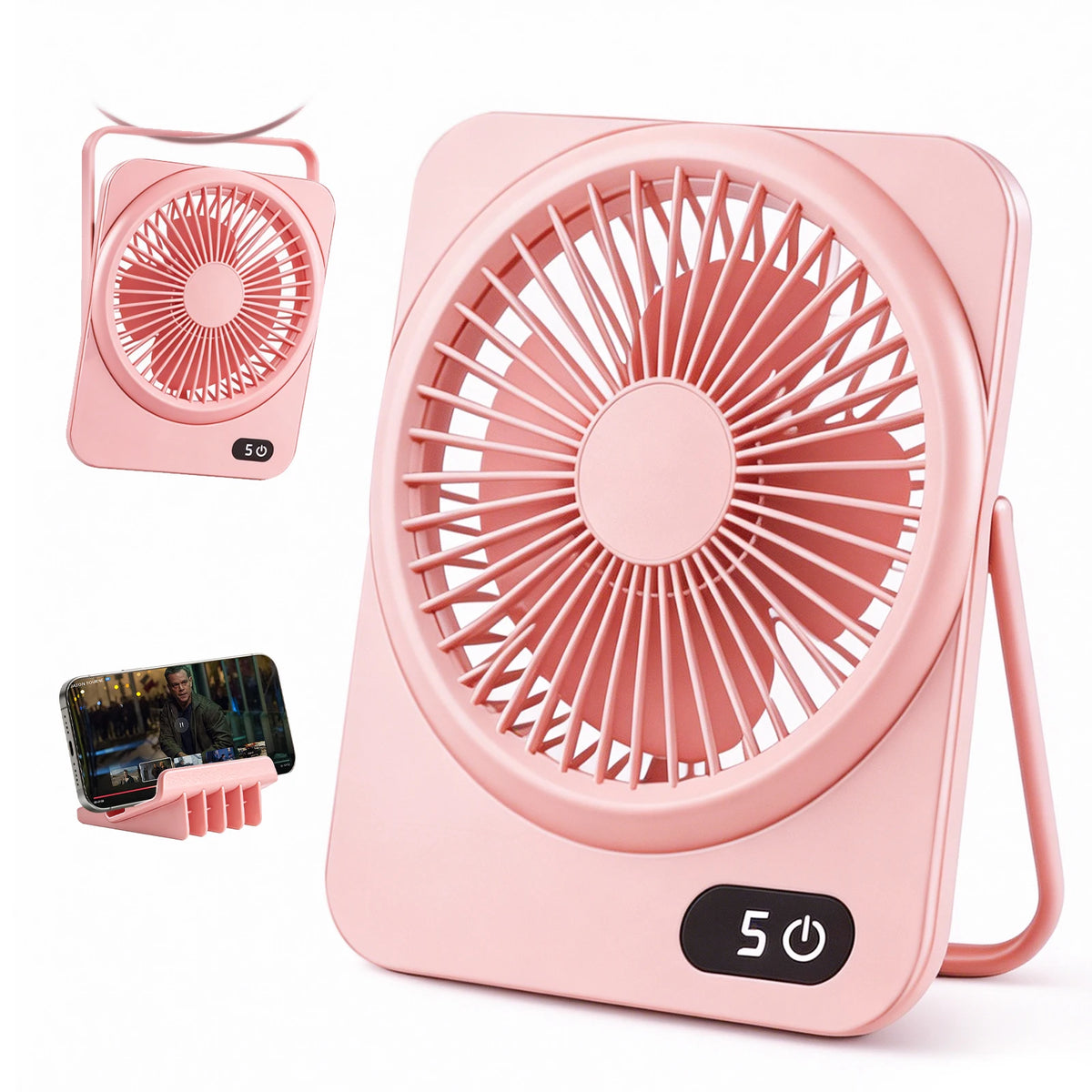 USB Rechargeable Portable Desk Fan, Mini Personal Table Fan with Phone Stand, 5-Speed Adjustable Wind, 180° Foldable Fan for Desktop, Bedroom, Office, Dorm, Camping, Travel & Outdoor Use, Compact Quiet Cooling Fan