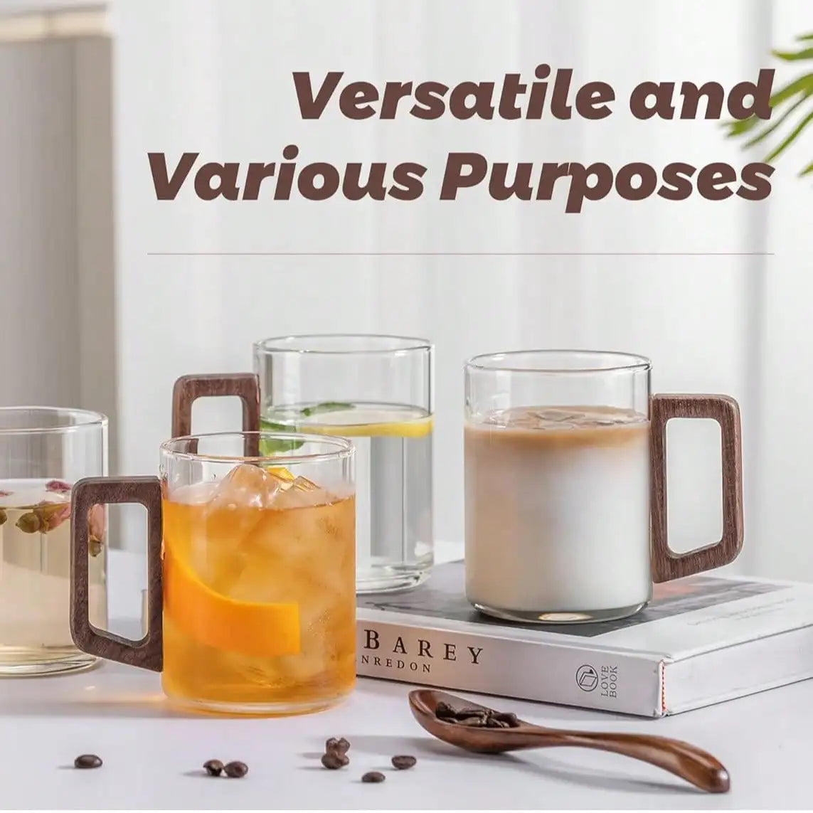 6PC Wooden Handle Glass Cups, 15oz Glass Coffee Cups, Transparent Cups Suitable For Tea, Latte, Espresso And Juice, Tea Cups, Gs, Souvenirs