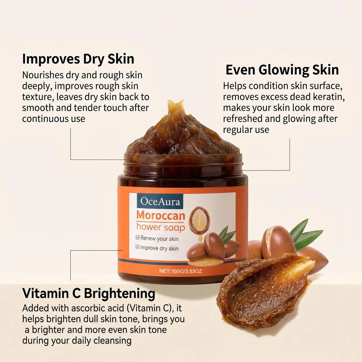 Oceaura Moroccan Bath Soap Cream Gentle Skin Cleansing Improve Dullness Exfoliate Brighten Body Purifying Gentle Exfoliating Shower Soap Cream