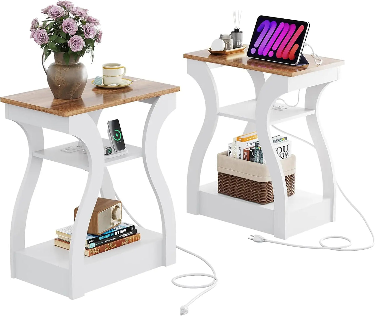 Living Room End Tables With Charging Station And Storage Shelf