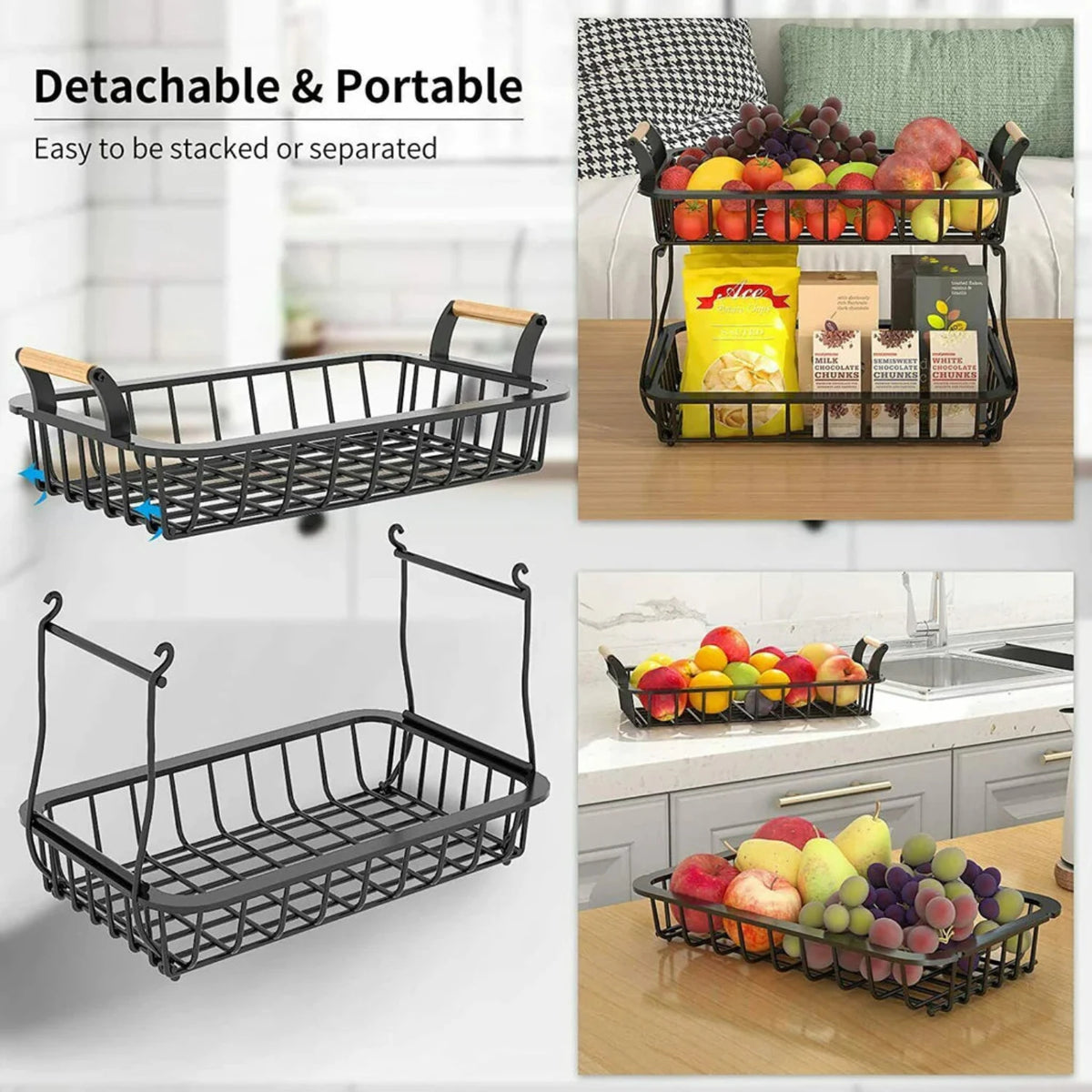 Adivo 2-Tier Stackable Iron Fruit Basket, Countertop Produce Organizer, Round 28cm or Rectangular 35cm
