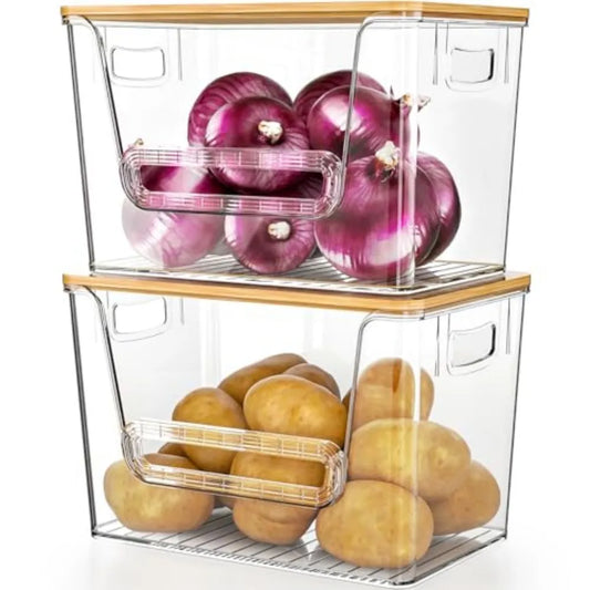 2 Set Pantry Organizers and Storage, Trash Bag Holder Under Sink Organizer for 4-13 Gal Bags, Trash Bag Dispenser with Bamboo Top for Onion, Potato, Garlic, Clear (11-7/32"L*7" W*7-1/8"H)